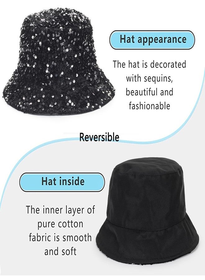 Vikodah Women's Sequin Bucket Sun Hat Bling Bling Reversible Glitter Outdoor Shiny Sun Hats Black - Image 3
